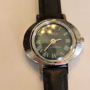 Vintage Timex Silver Case Dark Dial Leather Strap Analog Watch